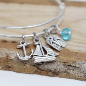 Anchor, Sailboat & Flip Flops - Charm Bracelet - Adjustable - Handcrafted